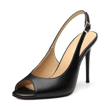 Imagem de WAYDERNS Salto alto feminino Peep Toe Slingback V Peep Toe Sapatos femininos de couro envernizado salto agulha com salto fino nas costas sapatos de festa de noiva com salto de 10 cm, Preto, 39