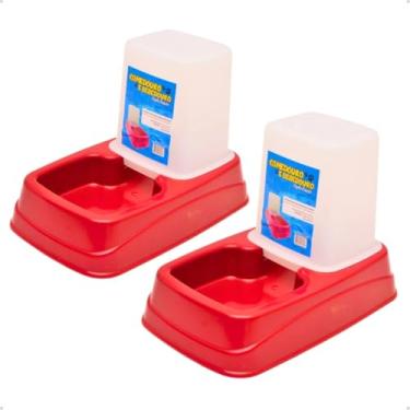 Imagem de Kit Comedouro/Bebedouro Dupla Função Dispenser Automático 1 Kg Ração/1,5 Litros Água Cães e Gatos(2 vermelho)