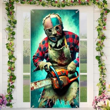 Imagem de BlissYard Capa de porta de Dia das Bruxas 89 x 188 cm para festas de fim de ano Banners de porta de varanda decoração outono assustador motosserra assassino patchwork máscara vermelha avental de