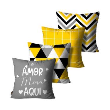 Imagem de Kit 4 Capas de Almofadas O Amor Mora Aqui Amarelo e Cinza - mdecore