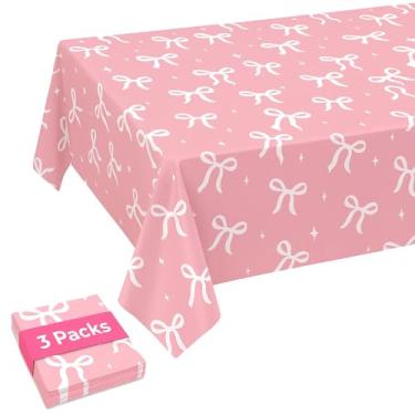 Imagem de 3 toalhas de mesa de plástico rosa com laço, 137 x 274 cm, grande toalha de mesa descartável para aniversário, reunião de família, decoração de mesa espessa para piquenique, churrasco, jantar, artigos