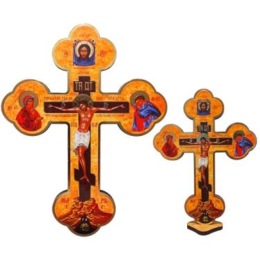Imagem de 2 peças crucifixo cristão bizantino woden cruz de três barras ortodoxa parede 20 cm cruz de mesa pequena 13,5 cm