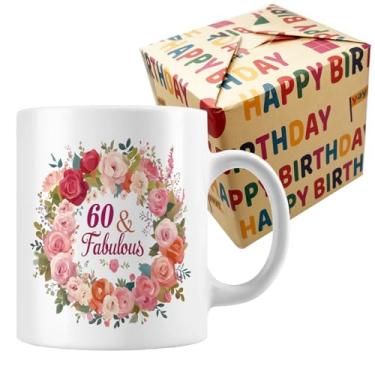 Imagem de ONRRI Caneca de cerâmica de 325 ml com design de grinalda floral, impressa em ambos os lados, segura para micro-ondas e lava-louças, pronta para presente para celebração de 60 anos, 1966