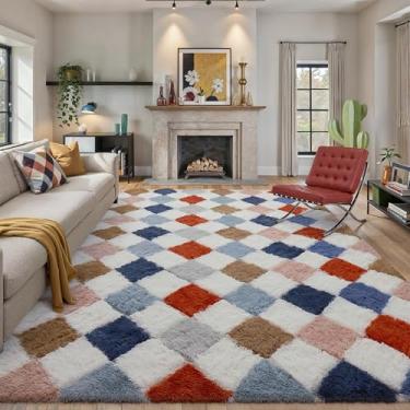 Imagem de WondRg Tapete quadriculado arco-íris 20 x 25 cm lavável à máquina tapete grande padrão diamante pilha alta tapete macio colorido para sala de estar, quarto, sala de jogos, quarto de crianças