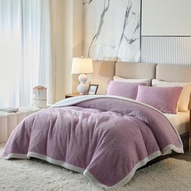 Imagem de Cobertores de lã de lã de lã de ovelha de luxo Queen Size para cama, Jacquard Boho 3 camadas grossas e quentes para o inverno, cobertor macio e aconchegante de veludo de pelúcia com 2 fronhas, roxo,