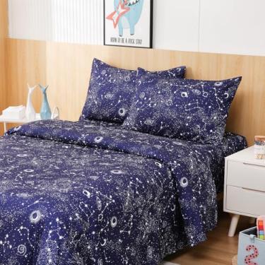 Imagem de Swiftify Jogo de lençol casal para crianças, lençol azul marinho Galaxy Stars, jogo de cama de 4 peças para meninos e meninas, roupa de cama de microfibra macia escovada, bolso profundo, resistente a