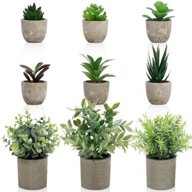 Imagem de AUUGUU Plantas artificiais em vasos de vegetação sintética em vasos de cimento para prateleira, estante de livros, escritório ou decoração de casa, pequenas plantas decorativas falsas para exibição