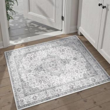 Imagem de HUGEAR Tapete de entrada 2x3 vintage cinza pequeno tapete lavável à máquina tapete de porta neutro floral baixo tapete aspirador fino tapete entrada cozinha banheiro quarto antiderrapante leve