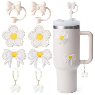 Imagem de 8 peças de acessórios para copos Stanley, acessórios Stanley | 2 peças de enfeite de canudo de laço de silicone, 2 pingentes de alça de laço, 2 peças de garrafas de água, adesivos para decoração