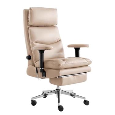 Imagem de Cadeira de escritório ergonômica com encosto alto, apoio para os pés retrátil e apoio lombar ajustável - Cadeira de escritório reclinável de couro com braços acolchoados,Khaki