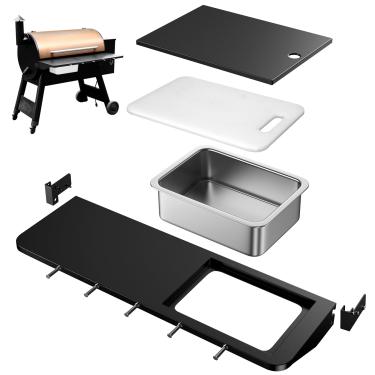 Imagem de Utheer Prateleira frontal dobrável atualizada para Traeger Pro 34 Series, Century 885, Texas Elite 34, mesa de preparação de churrasco resistente de 94 x 30 cm com tábua de corte, bacia, 5 ganchos