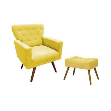 Imagem de Kit Poltrona Decorativa Aurora + 1 Puff Retangular Suede Amarelo Pés M