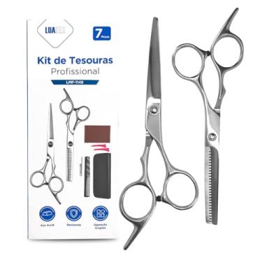 Imagem de Kit Tesoura Barbeiro Profissional Cabeleireiro Tesouras Dentada e Laser Com Estojo Conjunto Conjunto Completo (Prata)