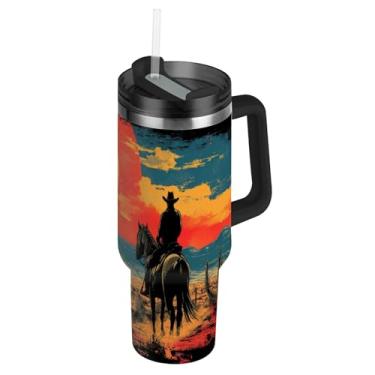 Imagem de Blueangle Copo cowboy americano de 1,134 g com alça e tampa de palha, caneca de viagem de aço inoxidável isolada a vácuo de parede dupla, garrafa de água reutilizável para academia de escritório ao ar