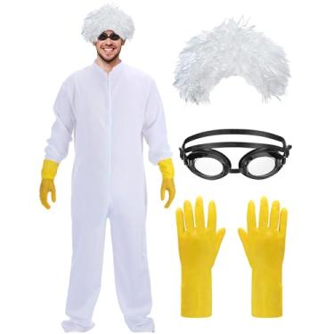 Imagem de Zoooyawn Kit de fantasia masculina de Halloween para adultos, conjunto de cosplay para programas de televisão, macacão todo branco com peruca, óculos e luvas