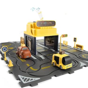 Imagem de Pista de Carrinhos Infantil com Estação Musical, 2 Carrinhos, Luzes e Sons, Quebra-Cabeça de Rotas, Brinquedo Educativo para Crianças 3-6 Anos