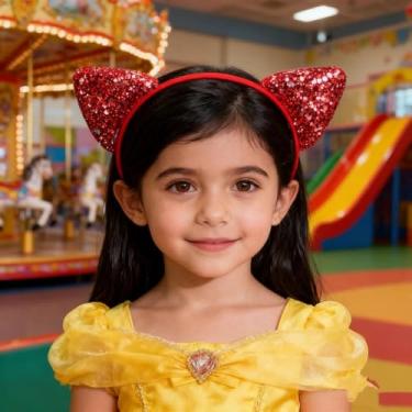 Imagem de 1 tiara de orelha de gato, faixa de cabeça de lantejoulas cor doce, grampo de cabelo fofo, adequado para festas e encontros de férias (vermelho)