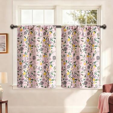 Imagem de FRAMICS Cortinas de cozinha blecaute floral 91 cm de comprimento pássaros rosa cortinas de banheiro bolso haste cortina curta limão para janelas café porão armário sala de estar, 2 painéis