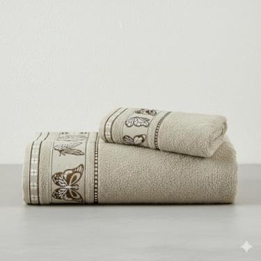 Imagem de Kit Toalha de Banho e Rosto 2 Pçs 100% Algodão 340 g/m2 Fio Duplos - Barra Decoratica Borboleta, Luxo, Toque Macio e alta absorção - Bege