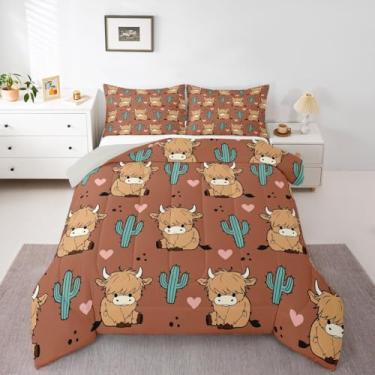 Imagem de Jogo de edredom kawaii de vaca Highland Highland, cacto marrom, botânica, animais selvagens, casa de fazenda, vintage, retrô, com enchimento de edredom para crianças, meninas, meninos, vintage