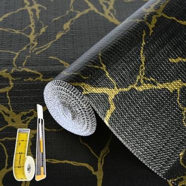 Imagem de Forro de gaveta e prateleira de 2 camadas para armário de cozinha: 43,9 cm x 20 m antiderrapante papel de prateleira impermeável não adesivo forros de geladeira preto/dourado mármore forros fáceis
