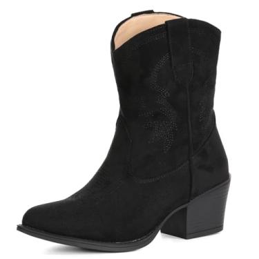 Imagem de IXU Botas caubói femininas cano curto cano curto bota clássica cano médio bico fino botas curtas grossas, Camurça preta, 36