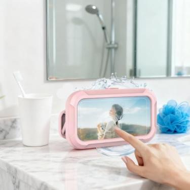 Imagem de Capa de telefone impermeável rosa blush para chuveiro, suporte de telefone dobrável para tela sensível ao toque com rotação de 360°, caixa protetora Aqua Play montável na parede