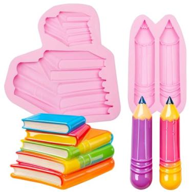 Imagem de Conjunto de moldes de silicone para formatos de livros e lápis, moldes educativos rosa para artesanato, 2 pacotes de materiais de fundição de resina com tema escolar