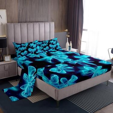 Imagem de Erosebridal Jogo de lençol casal com laço azul, laço azul e laço azul para crianças, adolescentes, lençol com elástico, gravata borboleta, princesa, feminino, decoração de quarto com 2 fronhas