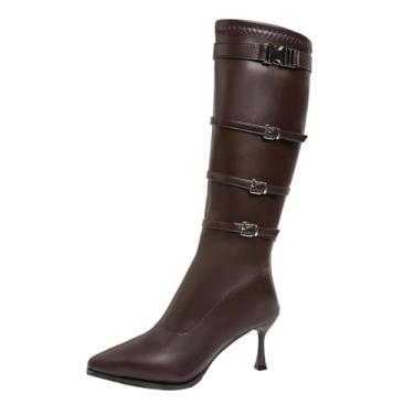 Imagem de Botas femininas casuais na altura do joelho, bico fino, couro sintético, zíper lateral, salto médio para conforto no inverno e estilo versátil, Café, 35