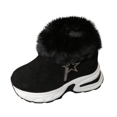 Imagem de Botas femininas casuais versáteis decoradas com estrelas que aumentam a altura quentes plus size botas de neve de salto baixo sola grossa outono inverno, Preto, 35