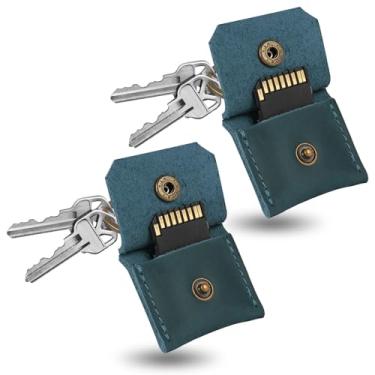 Imagem de Jack&Chris Chaveiro de couro genuíno com porta-cartão SD, antichoque, antipoeira, acessórios de câmera portáteis para cartões SD CF CFexpress Micro SD Nano SIM e Micro SIM, azul, pacote com 2