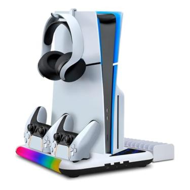 Imagem de Base Cooler com Ventilador Integrado e LED RGB para PS5 Slim, Inclui Suporte para 2 Controles e para Discos, para cooler ps5 base para ps5