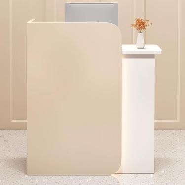 Imagem de Mesa de recepção moderna com gaveta trancável e faixa de luz LED - balcão de recepção pequeno para escritório ou salão de beleza - balcão da frente com armazenamento - bege A, 100 x 45 x 100 cm