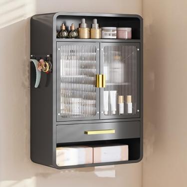 Imagem de Armário de armazenamento montado na parede com portas de vidro deslizantes, organizador versátil para banheiro, quarto e cozinha, prateleira de parede elegante para medicamentos e maquiagem, solução