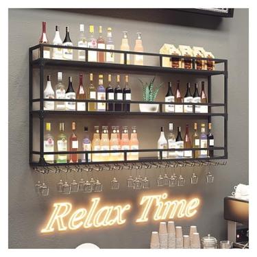 Imagem de Rack de vinho de metal montado na parede, grande rack de vinho resistente com LED, suporte de vidro para garrafa embaixo da prateleira, cálice de metal longo para bar de restaurante doméstico (preto