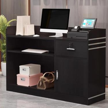 Imagem de Mesa de recepção moderna com gavetas trancáveis, recepção de madeira para salão de beleza, mesa de balcão de caixa de varejo, acabamento preto, 80 cm de altura