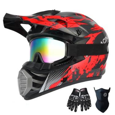 Imagem de TTMiku Capacete jovem adulto Dirt Bike, motocross ATV 4 rodas Go-Kart Street Bike Quad Offroad Motorcycle Casque Casco Combo Luvas Máscara de óculos (Aprovado pelo DOT), camuflagem vermelha, GG