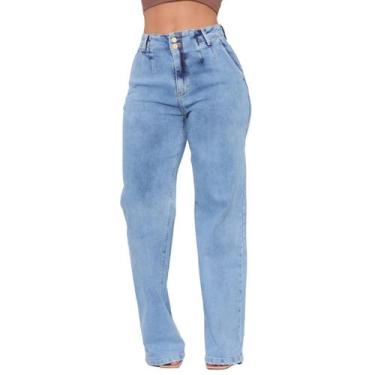 Imagem de Calça Jeans Wide Leg Reta Dois Botões Pregas na Cintura  Pantalona Mod