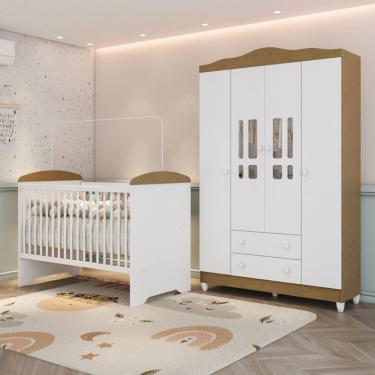 Imagem de Conjunto Quarto Bebê Berço 3em1 Eloá Guarda Roupa 4 Portas 100% Mdf Branco com Bétula B...