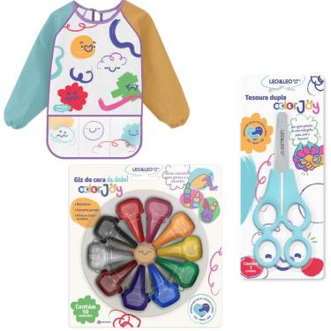 Imagem de Kit Infantil para Atividades de Colorir e Recorte Leo & Leo Color Joy com Avental Tesoura Dupla e Giz de Cera