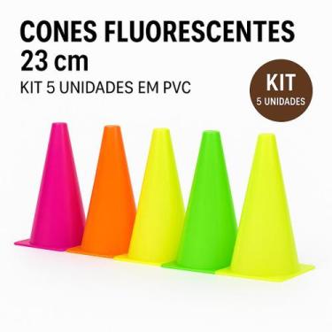 Imagem de Kit com 5 Cones de 23 cm em PVC  Cores Fluorescentes  Treino, Esportes