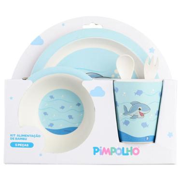 Imagem de Kit Alimentação Infantil 5 Peças Prato Tigela Copo Garfo Fibra de Bambu Azul Pimpolho Plástico Silicone