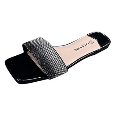 Imagem de Sandálias femininas planas 2023 primavera salto baixo gradiente strass confortável leve chinelos (preto, 35)