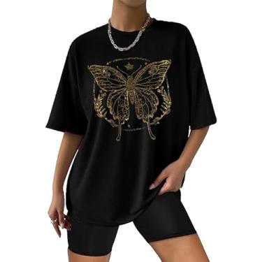 Imagem de KIDDAD Camisetas femininas fashion com estampa de borboleta, gola redonda, manga curta, casual, fofa, Estampa de borboleta preta, GG