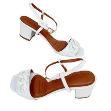 Imagem de Sandália Feminina Branca Salto Médio Bloco Grosso Saltinho Corrente-Feminino