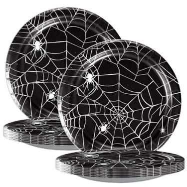 Imagem de BASEMMAHER 24 peças de pratos de papel de teia de aranha de Halloween suprimentos de festa preto branco teia de aranha pratos de jantar descartáveis decorações sobremesa louça para decoração de festa