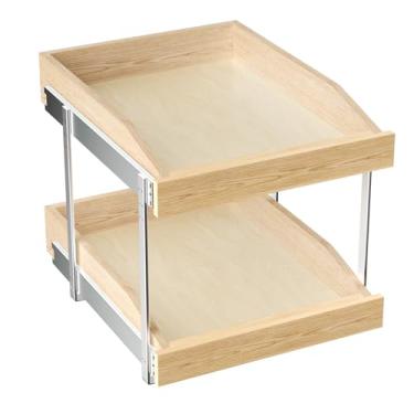 Imagem de ROOMTEC Organizador de armário de 2 camadas, organizador de armário de madeira deslizante de camada dupla com suporte em U, gavetas para organização de armário de base na cozinha, despensa (40,6 cm L