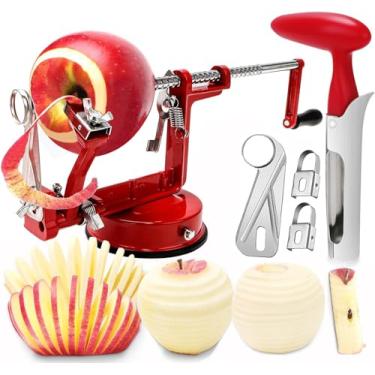 Imagem de Descascador de maçã, descascador de maçã 5 em 1 com lâminas de aço inoxidável e base de sucção potente para maçãs e batatas (rubi)