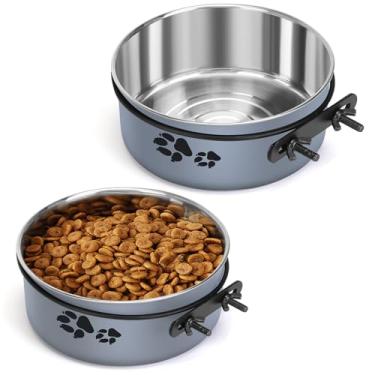 Imagem de VAlinks Tigela de água para cães – 2 tigelas de água para canil sem derramamento, tigela removível para comida de água para animais de estimação com suporte de braçadeira, prato alimentador para cães